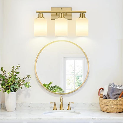 MOKATNG 3-Light Bathroom Light Fixtures, Brushed Gold Vanity Light with Milky White Shades, Bathroom Lighting Fixtures Over Mirror, Modern Bathroom Wall Lamp for Mirror Living Room Cabinet Bedroom
