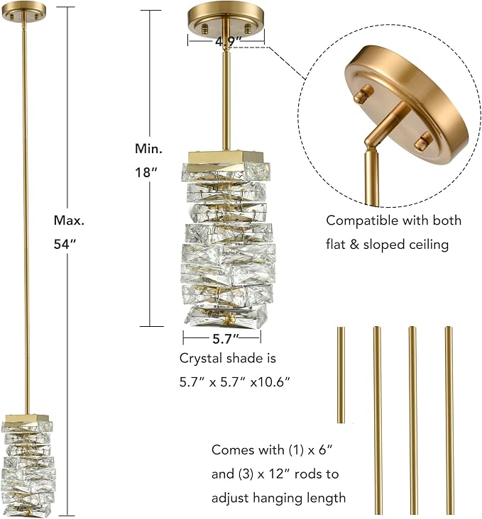 Modern Crystal Pendant Light Gold Pendant Lighting for Kitchen Island LED Rod-Hung Mini Pendant Lights Bathroom, 8W, 4000K, NOT Dimmable