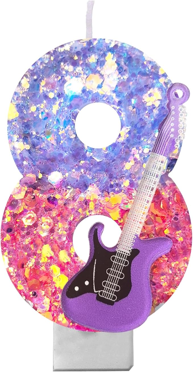 K-Pop Birthday Candle – Purple & Pink Glitter Music Theme Cake Candle with Guitar, Musical Party Decor for Girls, Teens, Kpop Fans (8)