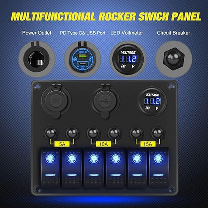 Nilight 6 Gang Rocker Switch Panel Waterproof Pre-Wired Aluminum Panels with PD Type C and USB Cigarette Lighter Socket Voltmeter 12V 24V ON Off Switches for Car Trucks Boats RVs