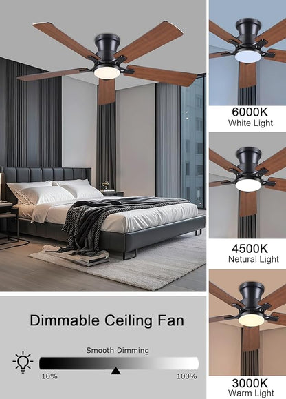 JSAITEE 52Inch Ceiling Fan with Lights and Remotes, Modern Smart Flush Mount Ceiling Fans,DC Reversible Motor, 3CCT Dimmable,Noiseless,Dual Finish, Brown 6 Speeds Ceiling Fan for Indoor/Outdoor