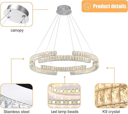 D24'' Modern Silver Crystal Ring Chandelier for Living Room Dinning Room Crystal Pendant Light Dimmable 3000k-6000k