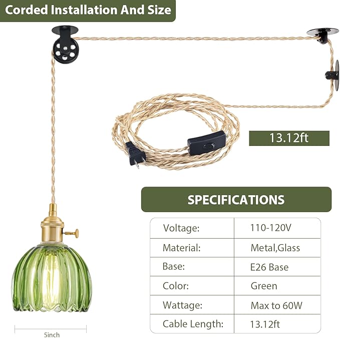 Plug in Pendant Light Fixtures, Hanging Light Fixture Vintage Glass Pendant Light, Mini Green Tulip Hanging Lamp, Pendant Lighting for Kitchen Island, Bedroom, Dining Room, Living Room