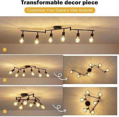 6-Light Black Track Lighting Fixtures Ceiling Modern Farmhouse Track Lighting with Metal Cage E26 Base Kitchen Lights Fixture Flush Mount Ceiling Light Fixture for Dining Room(Bulbs Not Included)