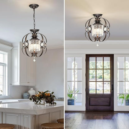 Bronze Crystal Chandeliers for Dining Room, 3-Light 14 Inch Flush Mount Ceiling Light Fixture,Vintage Hanging Pendant Lighting for Kitchen Island,Living Rooms, Foyer