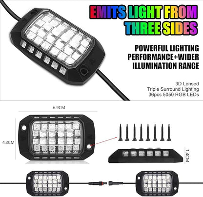 Rock Lights for Trucks, 36LED Full Angle RGB Led Rock Lights with APP/RF Control Flashing Music Mode, Multicolor Waterproof Underglow Led Lights Exterior Wheel Light for Truck UTV ATV Jeep SUV (8PCS)