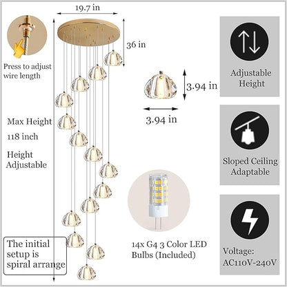 Modern Crystal Chandelier 14-Lights High Ceiling Raindrop Chandelier Lighting Fixture, Large LED Round Indoor Lighting Fixture Gold for Foyer Staircase Living Room