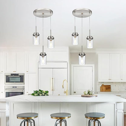 MELUCEE 3-Light Hanging Chandelier Light for Dining Room in Brushed Nickel, Modern Kitchen Island Pendant Lighting Adjustable Hanging Ceiling Lamp with Clear Glass Shade