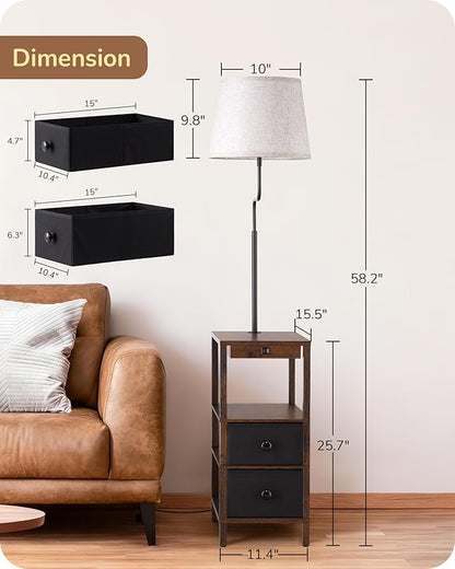 EDISHINE Floor Lamps for Living Room, 3000K-6500K Dimmable Floor Lamp with Table, USB-A+Type-C Charging Port, Table with Lamp Attached for Bedroom, Den, Office, Fire-Burned Wood Color