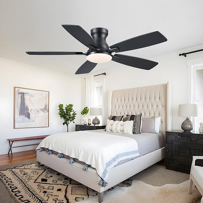 JSAITEE Ceiling Fans with Lights Flush Mount - 46" Low Profile Ceiling Fan with 5 Dual-Sided Blades and 6 Speeds 3CCT Dimmable, Modern Indoor Fan Light Fixtures for Bedroom, Kitchen, Black
