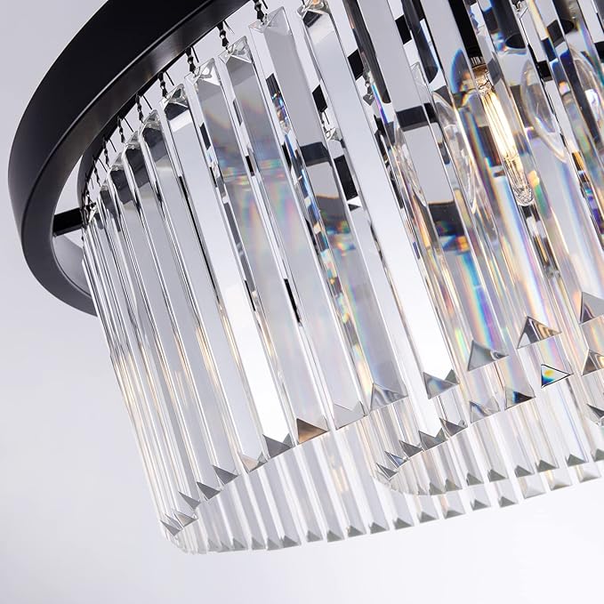 Wellmet Modern Black Crystal Chandelier, 33.5" Large 3-Tier Round Pendant Light with Adjustable Chain, 9-Light Luxury Crystal Ceiling Fixture for High Ceiling Foyer, Grand Living Room, Dining, Bedroom