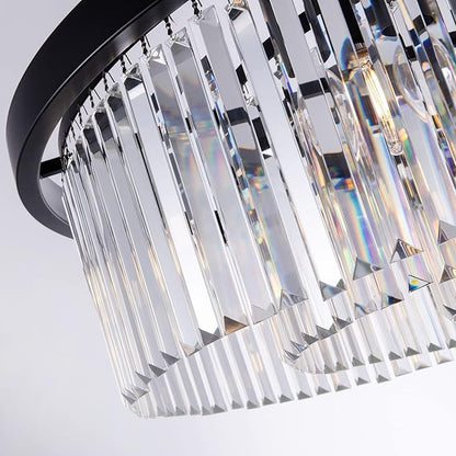 Wellmet Modern Black Crystal Chandelier, 33.5" Large 3-Tier Round Pendant Light with Adjustable Chain, 9-Light Luxury Crystal Ceiling Fixture for High Ceiling Foyer, Grand Living Room, Dining, Bedroom