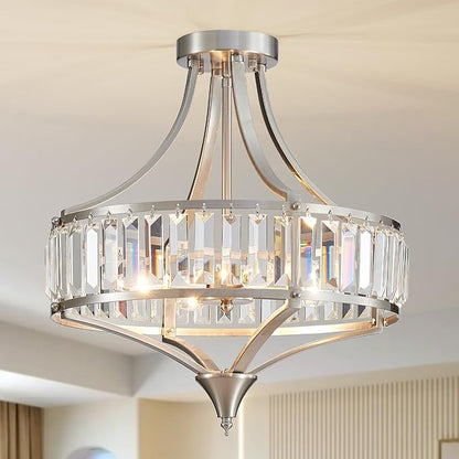 Crystal Chandelier Ceiling Light Fixture, Modern Round Brushed Nickel Dining Room Chandeliers for Kitchen Hallway Bedroom Foyer, 16 Inch Rustic Farmhouse Semi Flush Ceiling Light, 4-Light