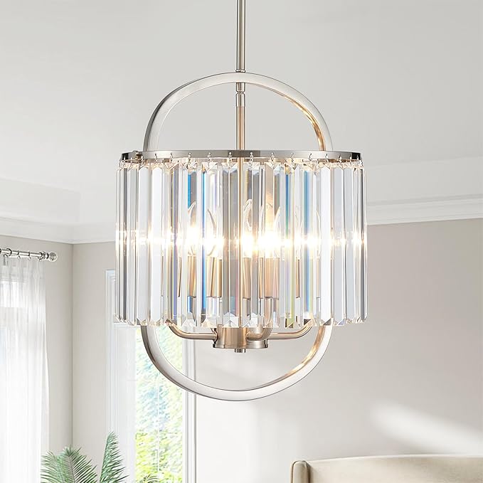 4-Light Brushed Nickel Crystal Chandelier Mini Pendant Lighting 12.8" Crystal Lamp for Closet Bedroom Foyer Dining Room Hanging Ceiling Light Fixture