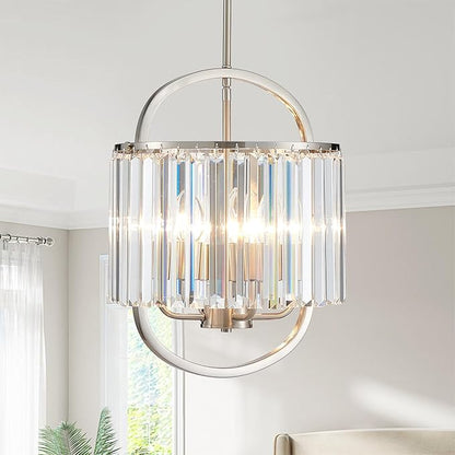 4-Light Brushed Nickel Crystal Chandelier Mini Pendant Lighting 12.8" Crystal Lamp for Closet Bedroom Foyer Dining Room Hanging Ceiling Light Fixture