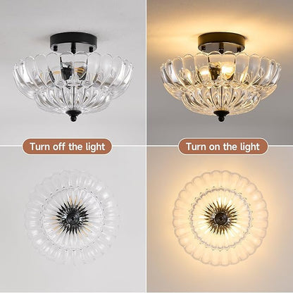 semi Flush Mount Ceiling Light Fixture - 3-Light Vintage Crystal Glass with Black Metal Frame, Modern Close-to-Ceiling Lighting for Bedroom, Kitchen, Living Room or Hallway, e26 Base
