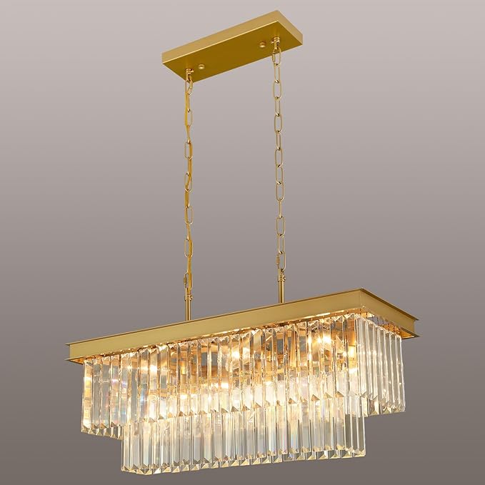 Weesalife Crystal Chandeliers for Dining Room Light Fixtures Over Table，9-Lights Gold Modern Rectangle Chandeliers for Kitchen Island Bar L28 Inch