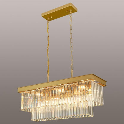 Weesalife Crystal Chandeliers for Dining Room Light Fixtures Over Table，9-Lights Gold Modern Rectangle Chandeliers for Kitchen Island Bar L28 Inch