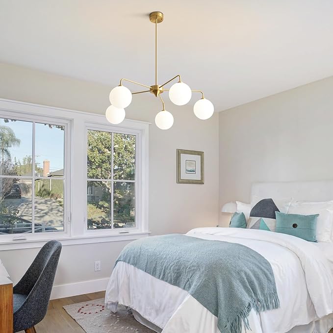 5 Light Modern Brass Chandelier Mid Century Gold Ceiling Light Fixture White Glass Globe Sputnik Chandelier for Dining Room Bedroom Kitchen