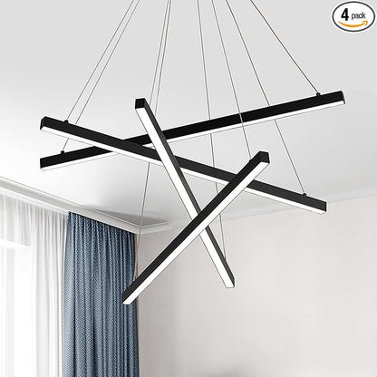 Modern Led Chandelier, High Ceiling Chandelier, Linear Chandelier 4 Lights Black Dimmable Large Pendant Light 51.8“ for Living Room Staircase Entry Foyer Lobby Office Duplex
