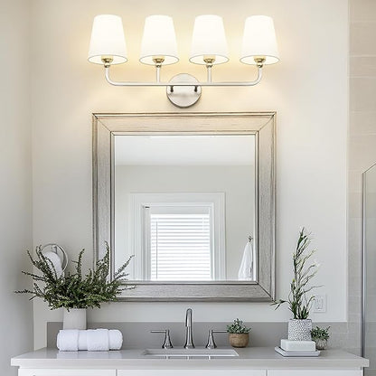 Bathroom Light Fixtures, 4 Light Vanity Lights with Flared White Fabric Shade, 28 Inch Brushed Nickel Wall Sconce, Modern Sconces Wall Lighting for Hallway Bedroom, VL837-BN-4