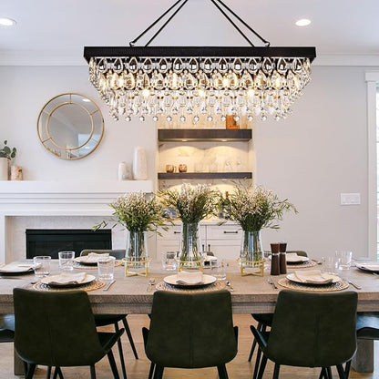 TOCHIC Crystal Dining Room Chandelier Over Table, Black Linear Rectangle Chandeliers, 7 Lights Modern Farmhouse Pool Table Billiard Light Fixture for Kitchen Island, Living Room, Entryway, 38" L