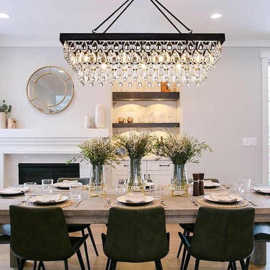 TOCHIC Crystal Dining Room Chandelier Over Table, Black Linear Rectangle Chandeliers, 7 Lights Modern Farmhouse Pool Table Billiard Light Fixture for Kitchen Island, Living Room, Entryway, 38" L
