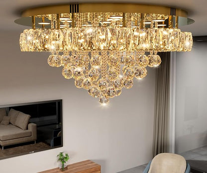 W32in Crystal Ceiling Chandelier Modern Gold Chandeliers Raindrop Crystal Ceiling Lighting Fixture Flush Mount Chandelier for Living Room Hallway Dining Room Kitchen Bedroom