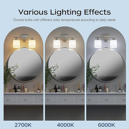 PARTPHONER Bathroom Light Fixtures, Bathroom Lighting Fixtures Over Mirror, Classic Vanity Lights, Modern Vanity Light with Textured Frosted Opal White Glass Shades, Brushed Nickel, 2-Light