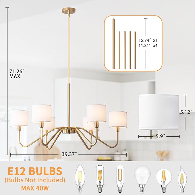 Modern Gold 6-Lights Chandelier, 39" Pendant Light with White Fabric Shade Adjustable Classic Chandelier Light Fixtures for Kitchen Island Dining & Living Room Entryway