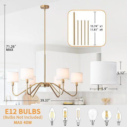 Modern Gold 6-Lights Chandelier, 39" Pendant Light with White Fabric Shade Adjustable Classic Chandelier Light Fixtures for Kitchen Island Dining & Living Room Entryway