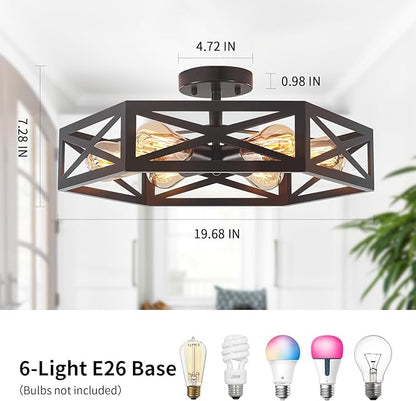 Semi Flush Mount Ceiling Light, Black Large 6-Light Fixtures Ceiling Mount with Hexagon Cage, Metal Industrial Close to Ceiling Light for Hallway, Kitchen, Bedroom (Black, 19.68''L)