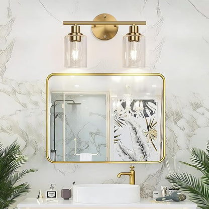 Zarbitta 2-Light Bathroom Light Fixtures, Brushed Gold Vanity Light, Modern Vanity Lights with Clear Glass Shade, Bathroom Wall Lamp for Mirror Kitchen Living Room Hallway Cabinet Porch