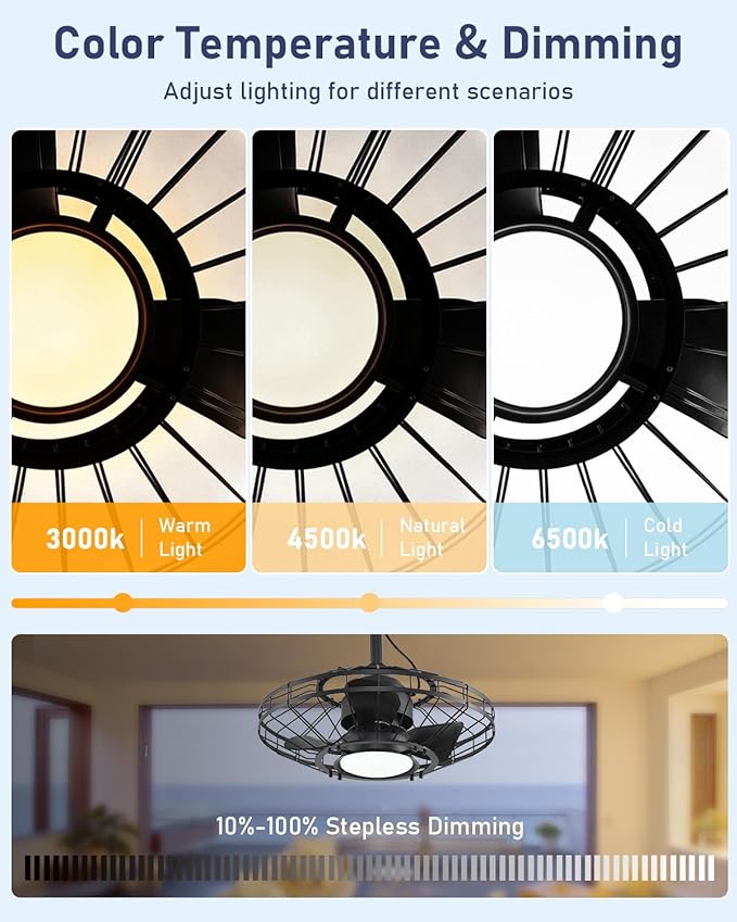 AHAWILL 20" Outdoor Ceiling Fan with Light,Waterproof Gazebo Fan with Hanging Hook,6-Speed Reversible Motor,Memory 3CCT,Plug-in Caged Ceiling Fan with Smart App Control for Patio Porch (Black)