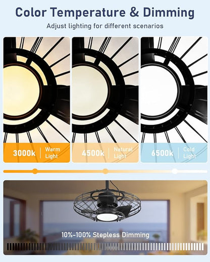 AHAWILL 20" Outdoor Ceiling Fan with Light,Waterproof Gazebo Fan with Hanging Hook,6-Speed Reversible Motor,Memory 3CCT,Plug-in Caged Ceiling Fan with Smart App Control for Patio Porch (Black)