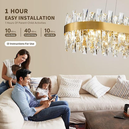 Modern Brass Gold Crystal Chandelier, Rectangle K9 Crystal Raindrop Chandelier Lights, Contemporary Ceiling Hanging Light Fixtures for Kitchen Island Dining Room, Length 35.4 inches