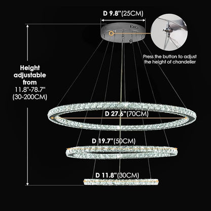 Siljoy LED Chandelier, Modern Ceiling Light Fixture with 3 Crystal Chandelier Lighting Rings, DIY & 3-Color Changing 3 Rings Adjustable Chandeliers for Living Room Dining Room Kitchen, D 12"-20"-28"