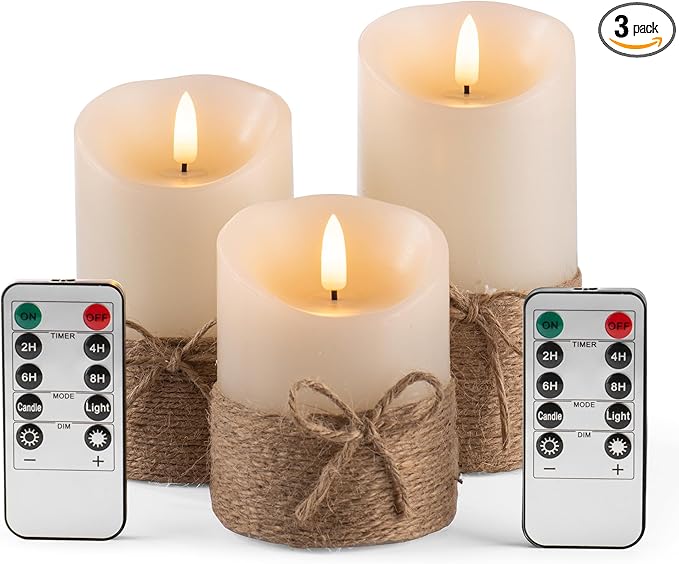 AKU TONPA Flameless Candles Battery Operated Pillar Real Wax Electric LED Candle Gift Set with Remote Control and Timer, 4" 5" 6" Pack of 3, Ivory Wax with Hemp Rope