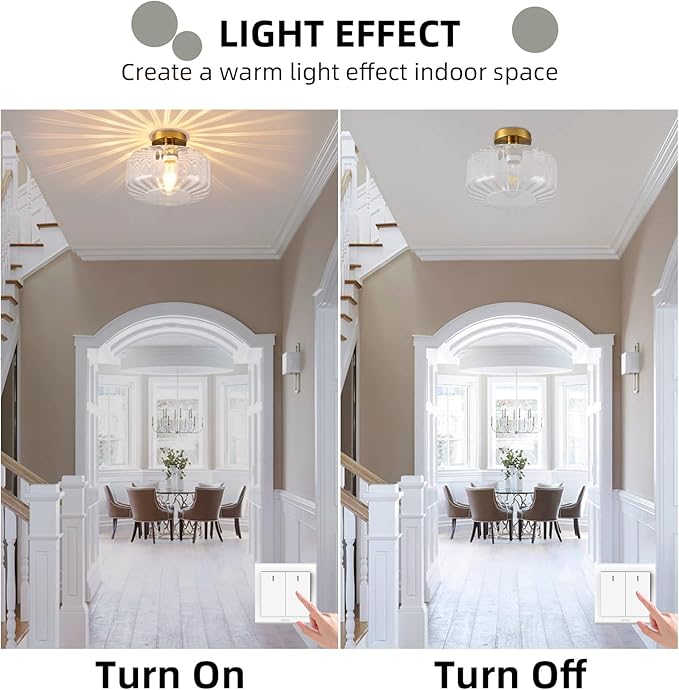 Gold Semi Flush Mount Ceiling Light, Luxury Close to Ceiling Light Fixtures with Transparent Glass Shade, Round Light Fixtures Ceiling Mount for Bathroom Dining Room Bedroom Living Room Hallway, E26