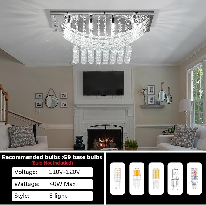 Crystal Chandelier Modern Chandelier Flush Mount Chandelier Silver Rectangle Crystal Raindrop Chandelier 8 Lights Ceiling Light Fixture Pendant Lamp for Kitchen Island Dining Room Closet Wedding Decor
