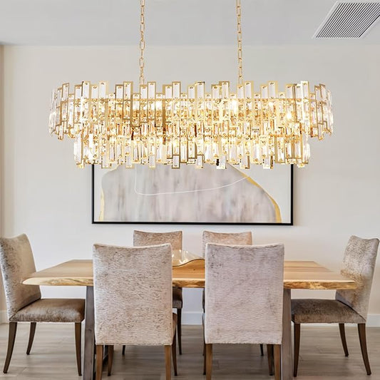 Rectangle Gold Crystal Chandeliers for Dining Room 2-Tier 15 Lights Modern Chandelier Luxury Rectangular Oval Preinstalled Top K9 Crystal Contemporary Pendant Lighting Fixture 43.3"