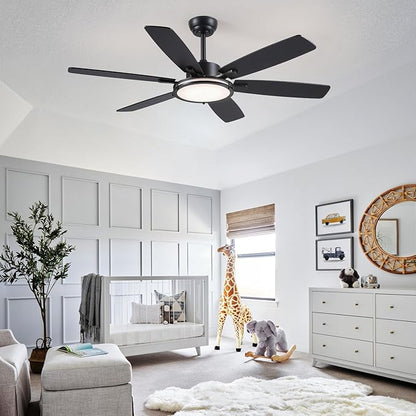 Hounberi Ceiling Fans with Lights, 52 Inch Black Ceiling Fan with Light and Remote Control, 3CCT, 6 Speeds, Quiet Reversible DC Motor, Dimmable, Ceiling Fan for Bedroom, Patio, Living Room