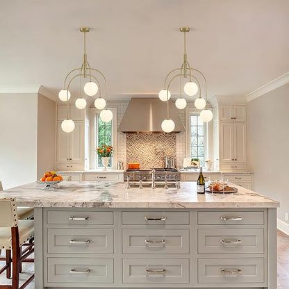 Mid Century Modern Chandelier, 6-Light Gold Globe Chandelier Milk Glass Chandelier Light Fixture, Adjustable Sputnik Hanging Pendant Light for Dining Room Entryway Kitchen Island, Bulbs Included
