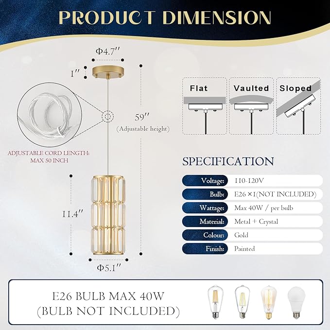 Gold Crystal Pendant Light for Kitchen Island, Modern Mini Hanging Chandelier with K9 Prism Crystals, Luxury Brass Pendant Lighting Fixture for Dining Room, Bedroom, Bathroom, Bar