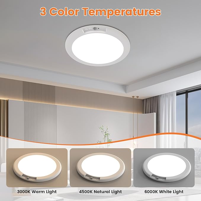 Rechargeable Motion Sensor Ceiling Light Fixture, 7.5inch Dimmable 3000K/4500K/6500K Adjustable Round White Closet Light for Hallway Bathroom Kitchen, Timer, 500LM,RA80