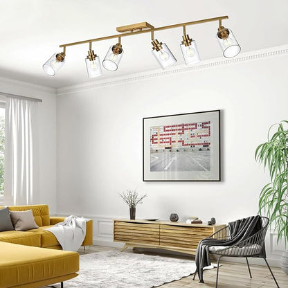 MELUCEE 6 Light Bathroom Vanity Light Fixtures Multi-Directional Rotating Track Lighting Kit Brass, 45.3 Inch Ceiling Spotlight Fixture for Kitchen Foyer Bath, Clear Glass Shade