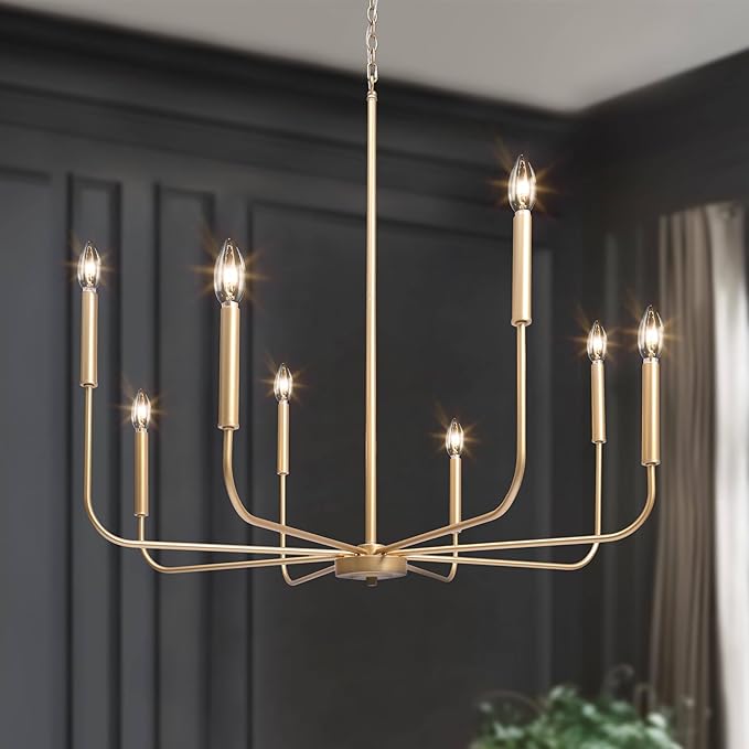 LALUZ 8-Light Gold Chandelier, 31.5'' Large Farmhouse Dining Room Light Fixture Over Table, Modern Chandeliers Hanging Lights Fixtures for Living Room Foyer Staircase High Ceilings
