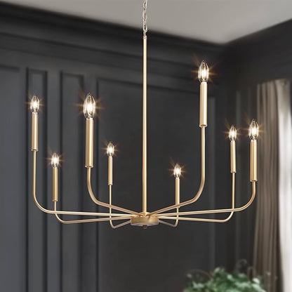 LALUZ 8-Light Gold Chandelier, 31.5'' Large Farmhouse Dining Room Light Fixture Over Table, Modern Chandeliers Hanging Lights Fixtures for Living Room Foyer Staircase High Ceilings
