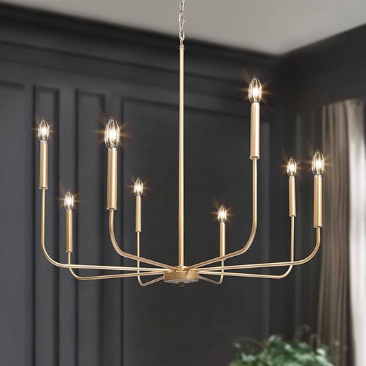 LALUZ 8-Light Gold Chandelier, 31.5'' Large Farmhouse Dining Room Light Fixture Over Table, Modern Chandeliers Hanging Lights Fixtures for Living Room Foyer Staircase High Ceilings