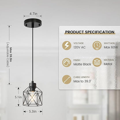 3 Pack Hanging Pendant Light Fixtures, Farmhouse Kitchen Island Light Fixture, Industrial Hanging Pendant Lighting for Dining Room Bedroom Hallway, Black Metal Cage Pendant Lamp, E26 Base